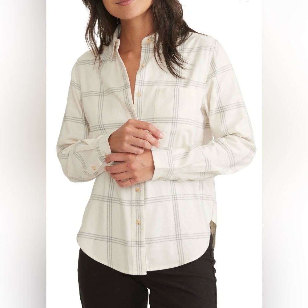 MARINE LAYER Womens Organic Cotton Flannel Cream Grey Plaid Button-Up Shirt MED